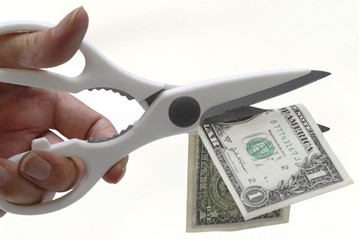 US one dollar bill or banknote being cut in half with scissors photo
