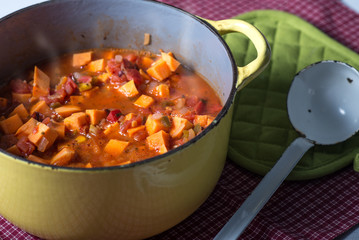 Savory Vegetable soup stew in pot