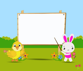 Happy Easter card with chick and rabbits nearby wood board