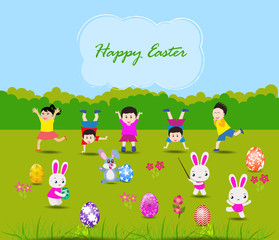 Easter card with kids and rabbits