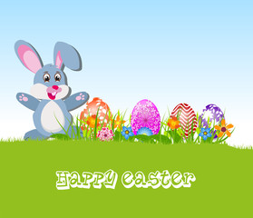 Happy Easter card with eggs and rabbits