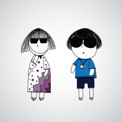 hipster boy and girl hand drawn cartoon
