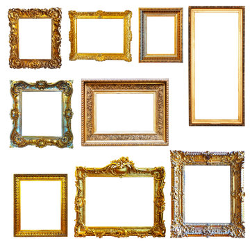 gold picture frames on white background