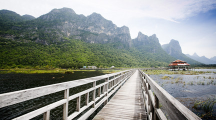 wooden bridge to the rock mountain