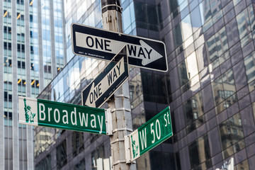 Naklejka premium Znak ulicy Broadway w pobliżu Time Square w Nowym Jorku