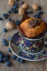 chocolate and vanilla Lemon muffins with blueberries and walnuts