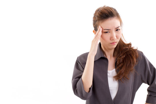sick business woman suffers from headache pain, migraine, unstab