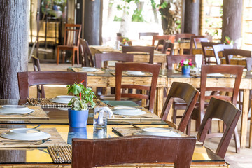table setup in outdoor cafe, small restaurant in a hotel, summer