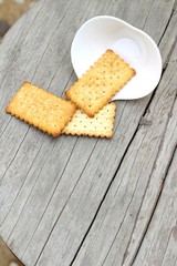 Tasty of crackers on wood table