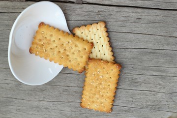 Tasty of crackers on wood table