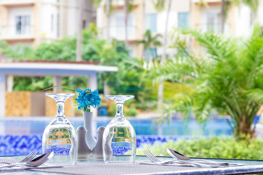 Table Setup In Outdoor Cafe, Small Restaurant At Hotel Poolside,