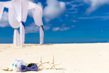 Fototapeta na wymiar wedding rings on sand and starfish, outdoor beach wedding, weddi