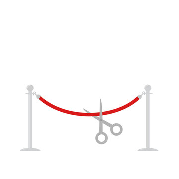 Scissors cut red rope silver barrier stanchions turnstile