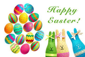 Easter Bunnies Handmade and painted Eggs on white background