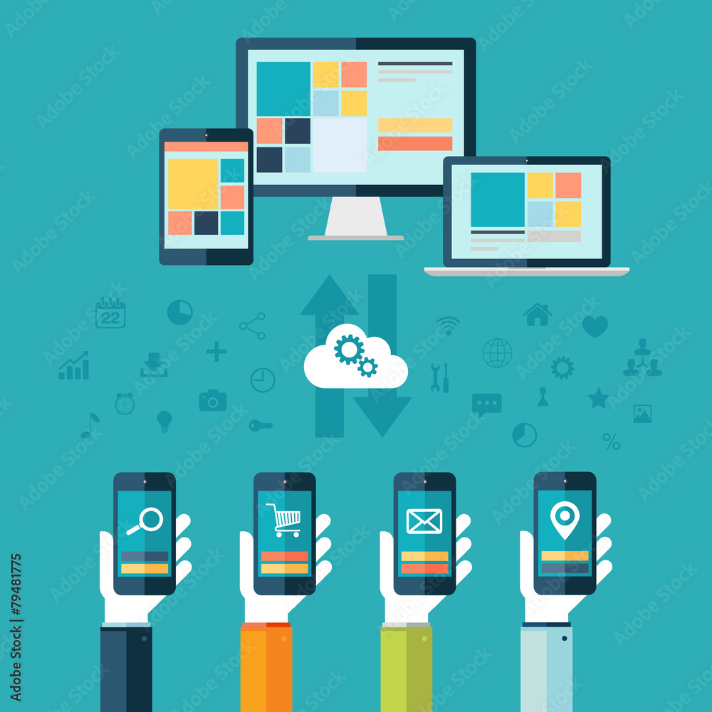 Poster Cloud computing. Desktop computer, laptop and tablet.