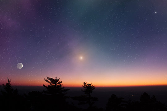Starry landscape with Moon and horizon silhouette.