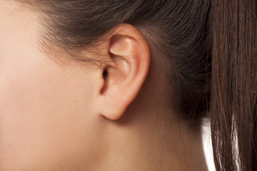Close up of female ear - obrazy, fototapety, plakaty