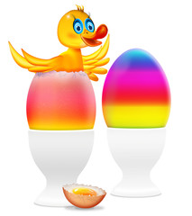 Ei, 2 bunte - Ostereier mit Eierbecher und Küken, freigestellt