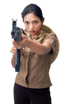 young woman with a machine gun