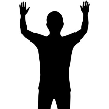 recommend clip art: Silhouette man with show his hands up isolated on white backgrou