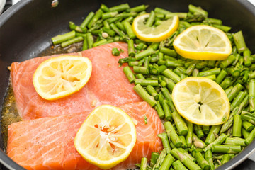 Fototapeta na wymiar Salmon and Asparagus Cooking in Pan