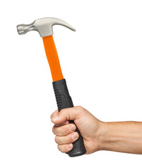 Hammer in man hand isolated on white