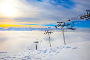 Sunset at French Alps in Meribel Skiing Resort