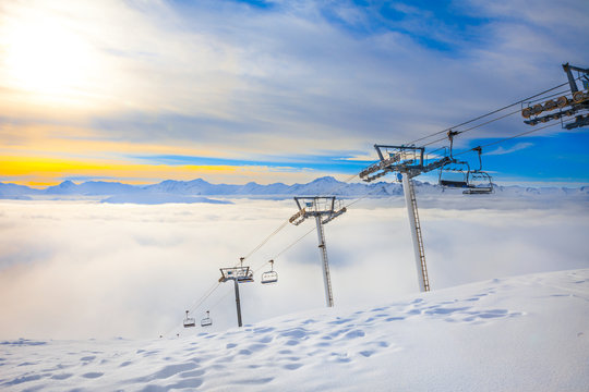 Sunset At French Alps In Meribel Skiing Resort