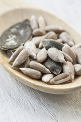 pumpkin and sunflower seed in wooden spoon