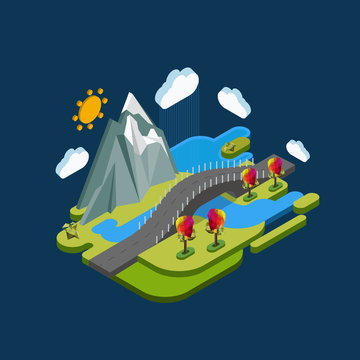 Flat landscape isometric concept nature with mountains