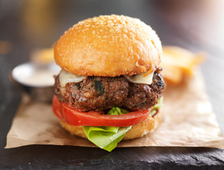 tasty gourmet burger with french fries and sauce