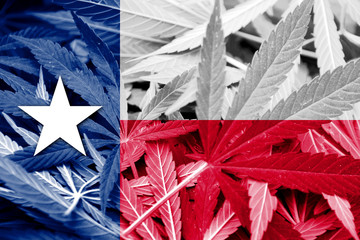 Texas State Flag on cannabis background. Drug policy. 