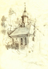 Architectural pencil sketch. The old church in the park © Marina