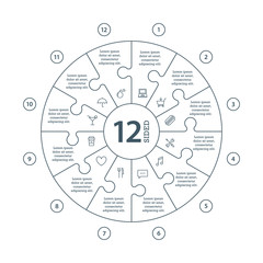 Fototapeta premium Clockwise numbered flat line puzzle chart with text and icon