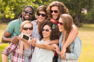 Happy friends in the park taking selfie