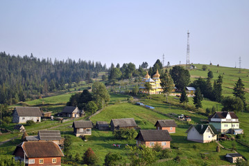 Landscape with hills on the panorama of the Carpathians village