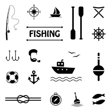vector fish set icons, fishing boat,