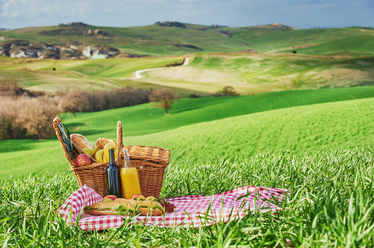 Tuscan picnic on the green spring grass with landscape in the ba