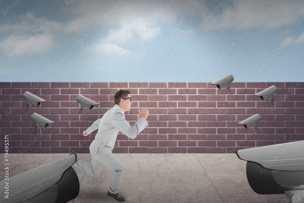 Poster composite image of geeky happy businessman running mid air