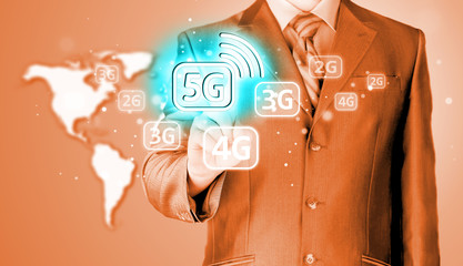 businessman touch 5G, technology background