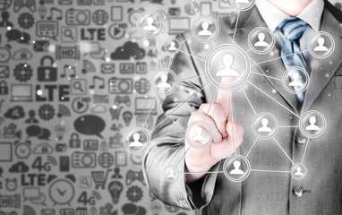 man hand pressing social media icon