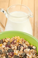 Delicious and healthy cereal in bowl with milk