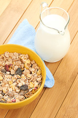Delicious and healthy cereal in bowl with milk