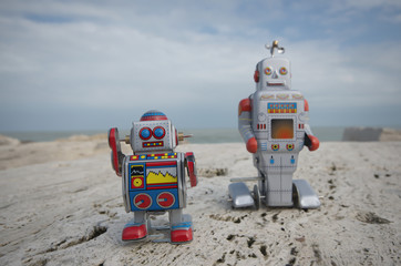Tin toy robot buddies on the rocks
