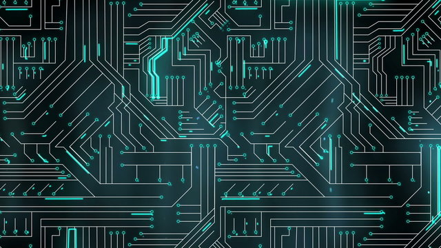 Green lines moving through circuit board
