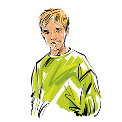 Hand drawn illustration of a smiling red-haired kid on white bac