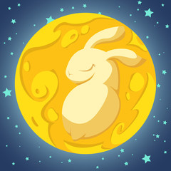Fototapeta premium Yellow rabbit in the moon on the blue background