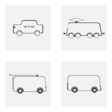 monochrome icon set with transport, bus, tram, trolleybus