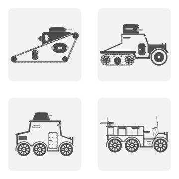 monochrome icon set with military equipment