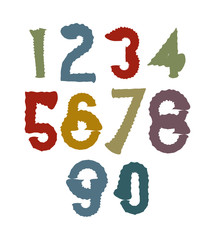 Multicolored handwritten numbers, vector doodle brushed figures,